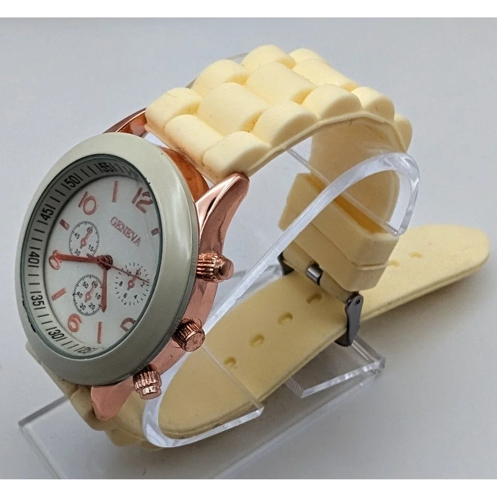 GENEVA Watch Off White And Rose Gold, Silicone‎ Strap Wristband New Battery